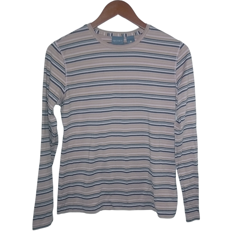 Quest L Pink Tan Blue Striped Nylon Stretch Top